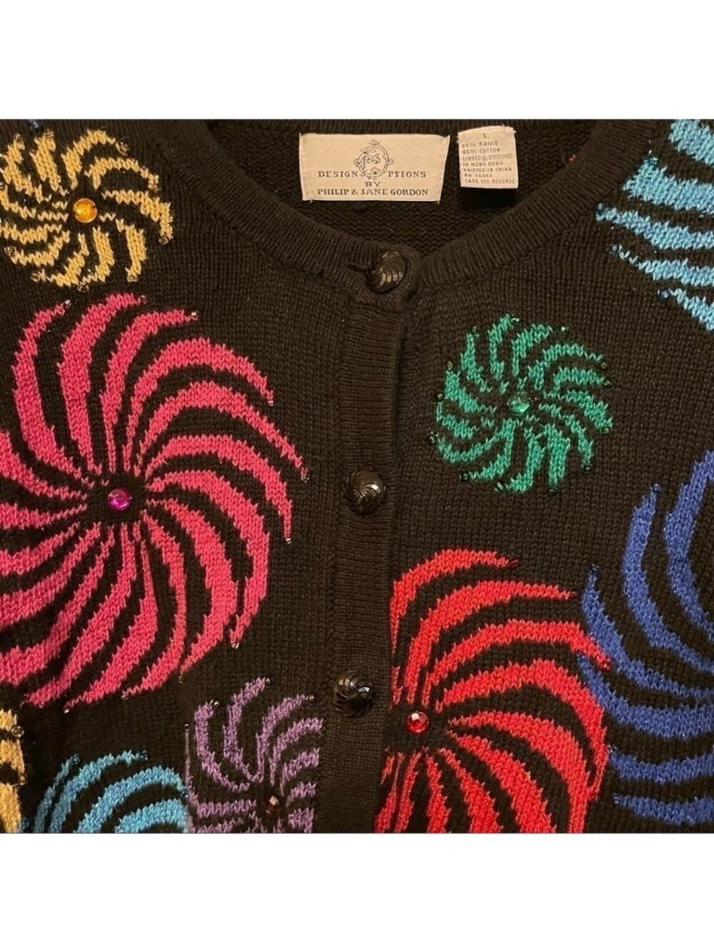 Vtg Design Options Cardigan Sweater Large Phillip Jane Gordon Pinkwheel Swirls - Picture 10 of 12